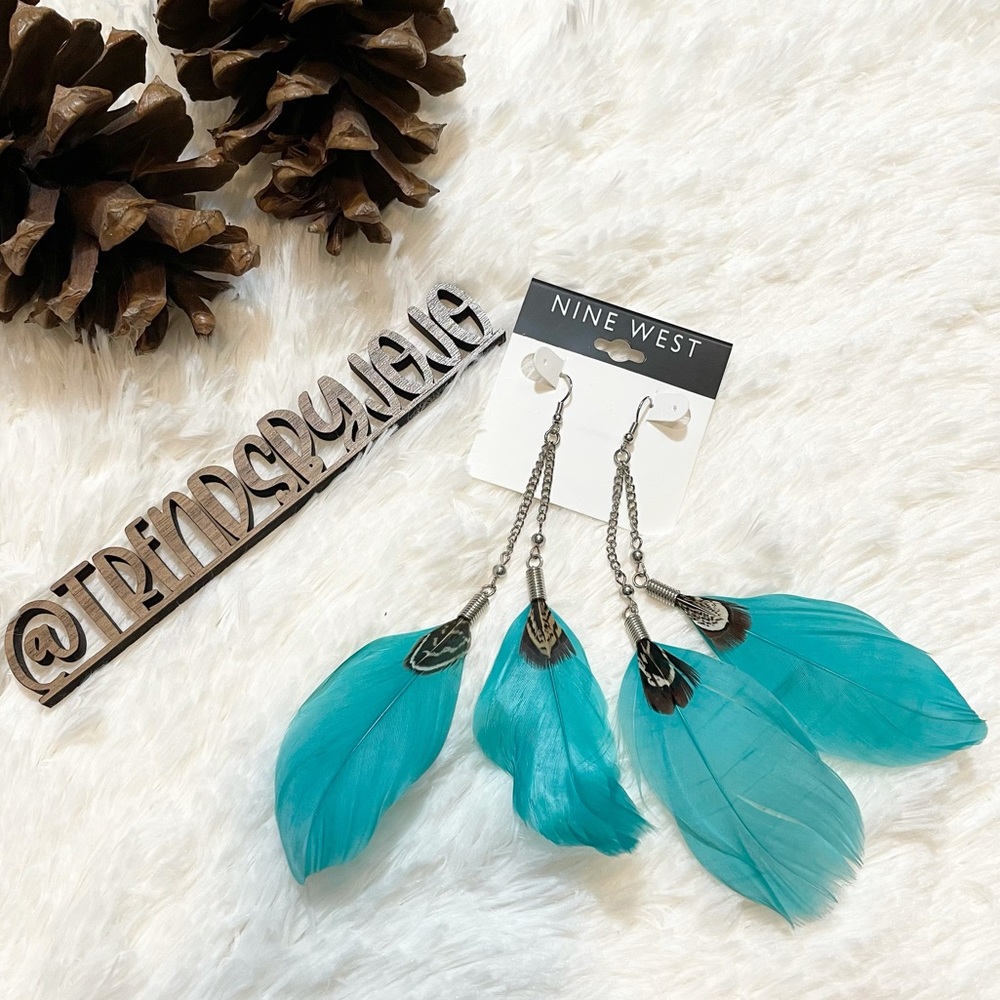 Nine West Women’s Earrings Blue Teal Feathers